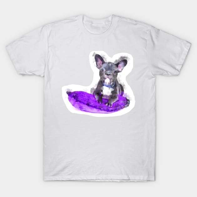 Cute Black And White Bulldog Puppy On A Purple Cusion Digital Portrait T-Shirt by NeavesPhoto